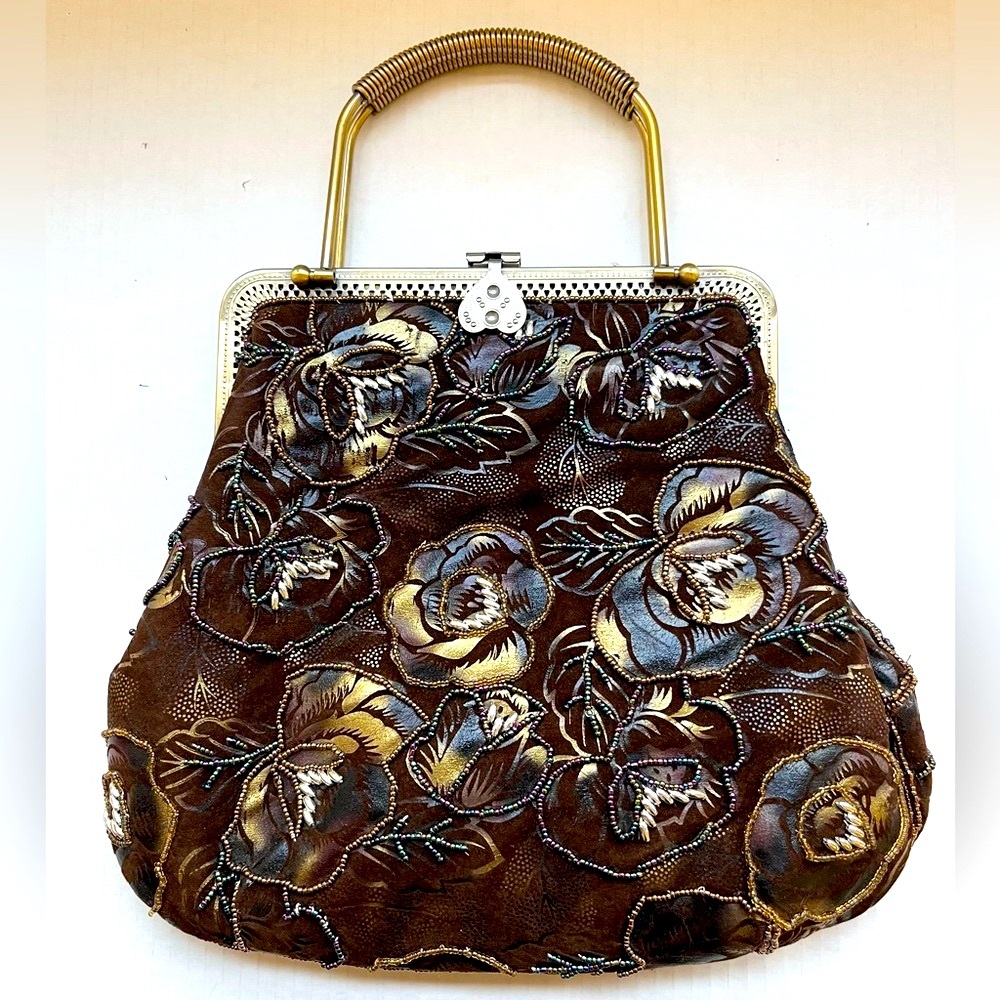Vintage Unique Tapestry and Beaded Bag Purse in Browns and Ivory. Bronze Accents